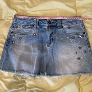 ✨ Celebrity Pink Distressed Denim Mini Skirt with Sequin Embellishments – Size 0